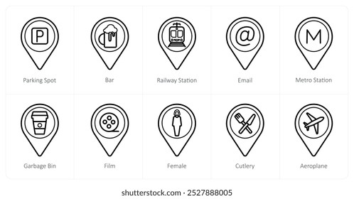 A set of 10 Location Pointer icons as parking spot, bar, rainway station