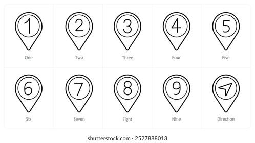 A set of 10 Location Pointer icons as one, two, three