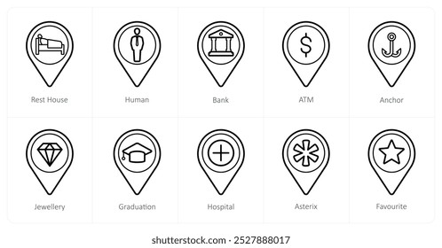 Um conjunto de 10 ícones de ponteiro de localização como casa de repouso, humano, banco