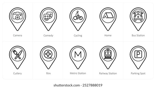 A set of 10 Location Pointer icons as camera, comedy, cycling