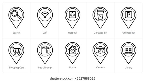 A set of 10 Location Pointer icons as search, wifi, hospital