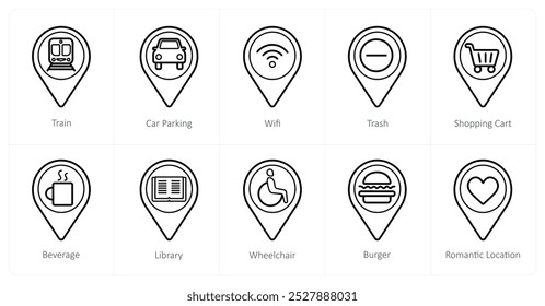 A set of 10 Location Pointer icons as train, car parking, wifi