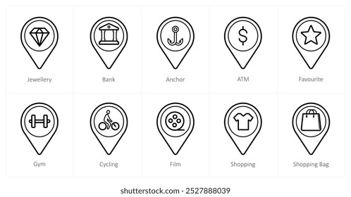 A set of 10 Location Pointer icons as jewellery, bank, anchor