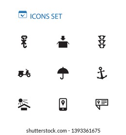 Set of 10 logistic icons set. Collection of moped, packaging, no took and other elements.