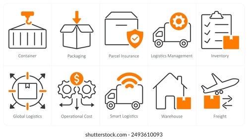 A set of 10 logistics icons as container, packaging, parcel insurance