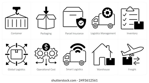 A set of 10 logistics icons as container, packaging, parcel insurance