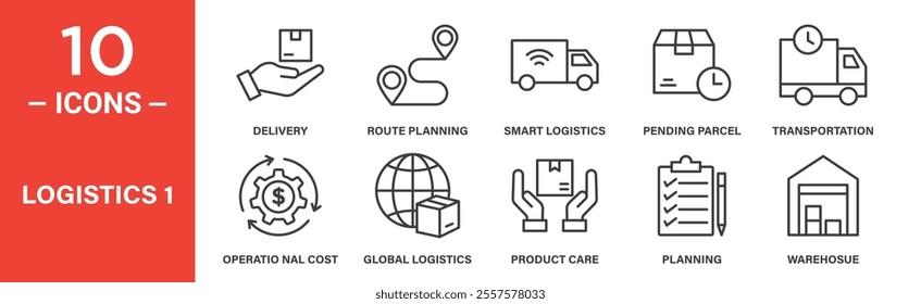 A set of 10 logistics icons featuring delivery, route planning, smart logistics, transportation, and warehouse, ideal for supply chain or shipping-related visuals.