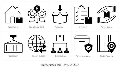 A set of 10 logistics icons as warehouse, operational cost, packaging