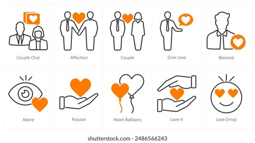 A set of 10 love and romance icons as couple chat, affection, couple