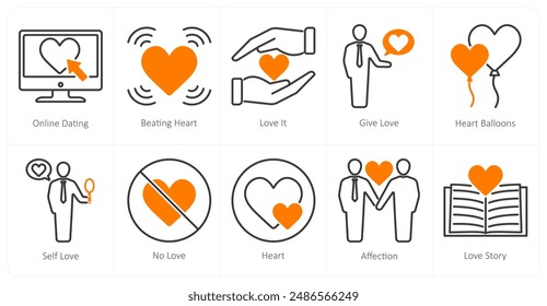 A set of 10 love and romance icons as online dating, beating heart, love it