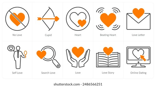 A set of 10 love and romance icons as no love, cupid, heart