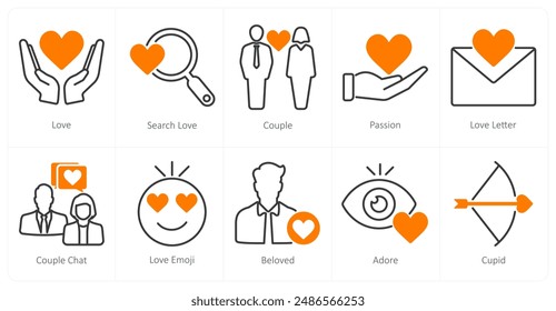 A set of 10 love and romance icons as love, search love, couple