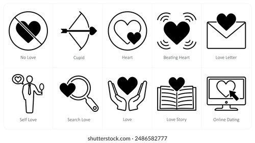 A set of 10 love and romance icons as no love, cupid, heart