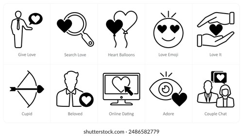 A set of 10 love and romance icons as give love, search love, heart balloons