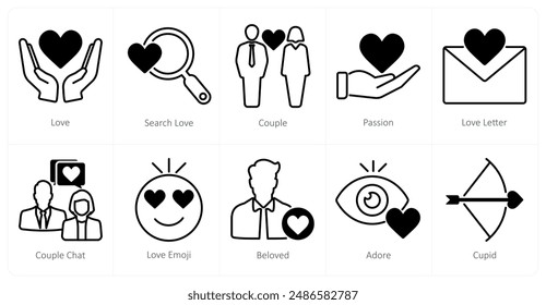 A set of 10 love and romance icons as love, search love, couple