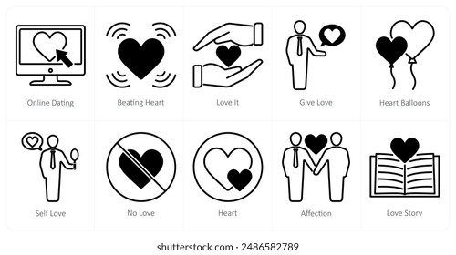 A set of 10 love and romance icons as online dating, beating heart, love it