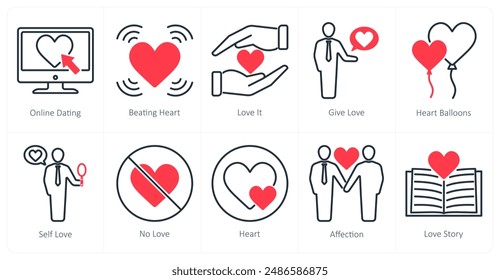 A set of 10 love and romance icons as online dating, beating heart, love it