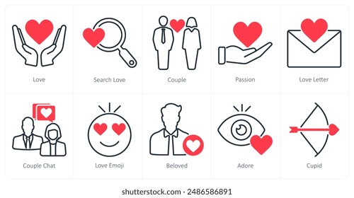 A set of 10 love and romance icons as love, search love, couple