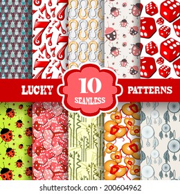 Set of 10 lucky seamless patterns with principal symbols of luck, design elements. Lucky patterns for invitations, greeting cards, scrapbooking, print, gift wrap, manufacturing.