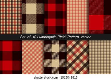 Set Of 10 Lumberjack Plaid Pattern. Lumberjack Plaid And Buffalo Check Patterns. Lumberjack Plaid Tartan And Gingham Patterns. Vector Illustration Background