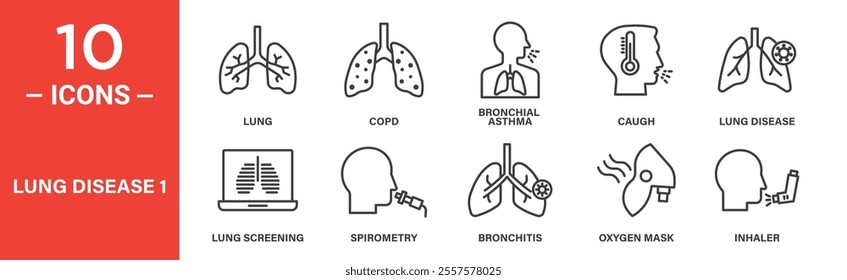 A set of 10 lung disease icons depicting lungs, COPD, asthma, cough, lung screening, spirometry, bronchitis, oxygen mask, and inhaler for medical and health purposes.