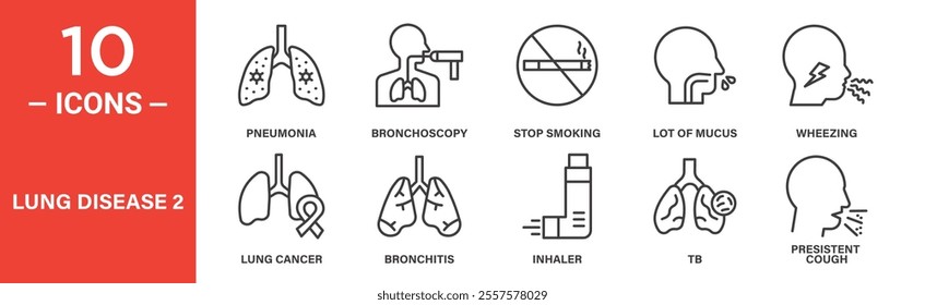 A set of 10 lung disease icons illustrating pneumonia, bronchoscopy, stop smoking, mucus, wheezing, lung cancer, bronchitis, inhaler, TB, and persistent cough for medical awareness.