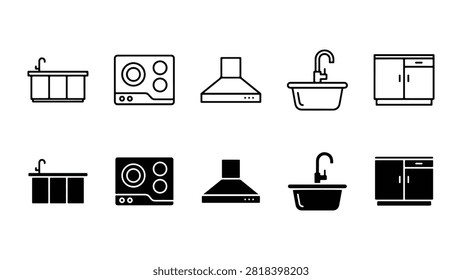 Set of 10 luxury kitchen icons featuring kitchen island, gas hob, cooker hood, sink basin, and kitchen cabinetry vector elements