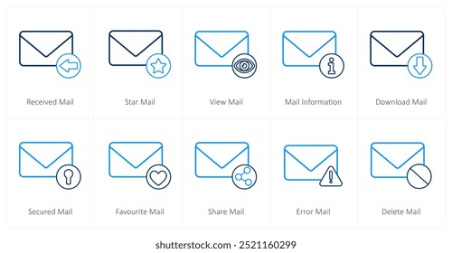 Um conjunto de 10 ícones de e-mail como recebido, estrela, ver, informações de e-mail