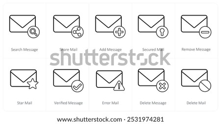 A set of 10 mail icons as search message, share mail, add message