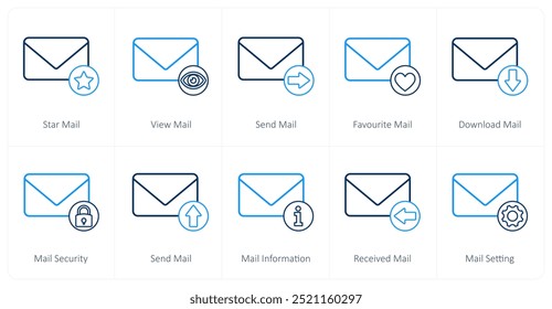 Um conjunto de 10 ícones de e-mail como correio estrela, exibir e-mail, enviar e-mail