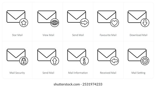 Um conjunto de 10 ícones de e-mail como correio estrela, exibir e-mail, enviar e-mail