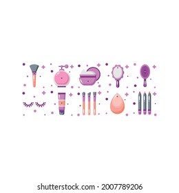 Set of 10 make up and skincare beauty vector illustration in flat design.