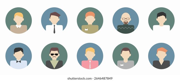 Set of 10 male avatar icons. Faceless profile pictures for social media, blogs, forums, anonymous group chats, or online work.