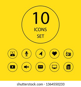 Set of 10 media icons set. Collection of radio, play, pinpoint and other elements.