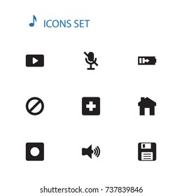Set Of 10 Media Icons Set.Collection Of Forbidden, Plus, Diskette And Other Elements.