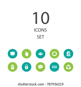 Set Of 10 Media Icons Set.Collection Of Circle, Stand, Charge Elements.