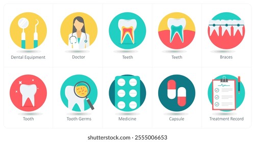 A set of 10 Medical icons as dental equipment, doctor, teeth