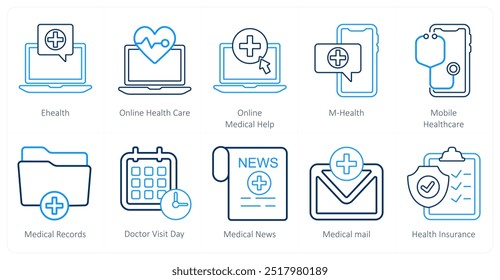 A set of 10 medical icons as e health, online health care, online medical help