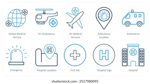 A set of 10 medical icons as global medical service, air ambulance, air medical services