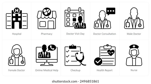 A set of 10 Medical icons as hospital, pharmacy, doctor visit day