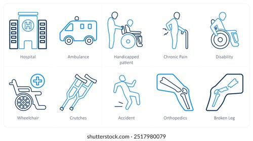 Um conjunto de 10 ícones médicos como hospital, ambulância, paciente deficiente