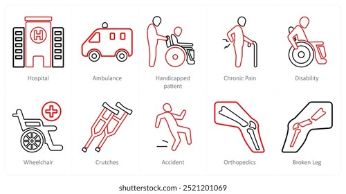 Um conjunto de 10 ícones médicos como hospital, ambulância, paciente deficiente