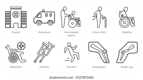 Um conjunto de 10 ícones médicos como hospital, ambulância, paciente deficiente