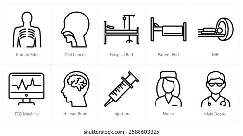 A set of 10 medical icons as human ribs, oral cancer, hospital bed