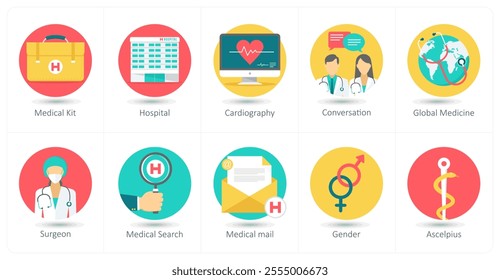 A set of 10 Medical icons as medical kit, hospital, cardiography