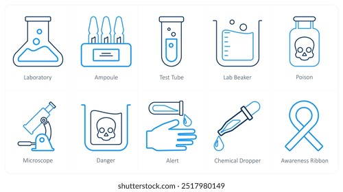 A set of 10 medical icons as laboratory, ampoule, test tube