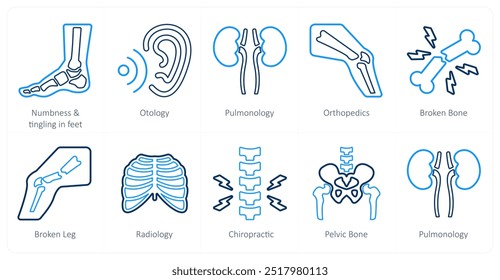 Un conjunto de 10 iconos médicos como entumecimiento y hormigueo en pies, ostología, neumología