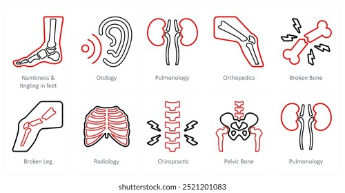 Un conjunto de 10 iconos médicos como entumecimiento y hormigueo en pies, ostología, neumología