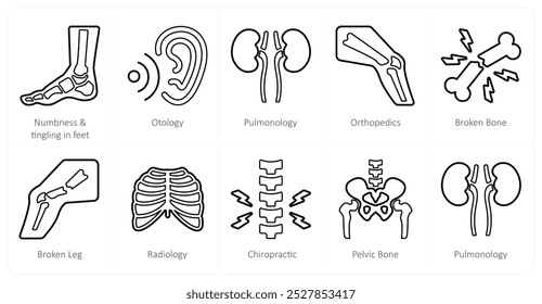 Un conjunto de 10 iconos médicos como entumecimiento y hormigueo en pies, ostología, neumología