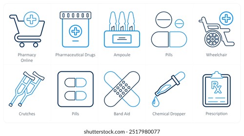 A set of 10 medical icons as pharmacy online, pharmaceitical drugs, ampoule